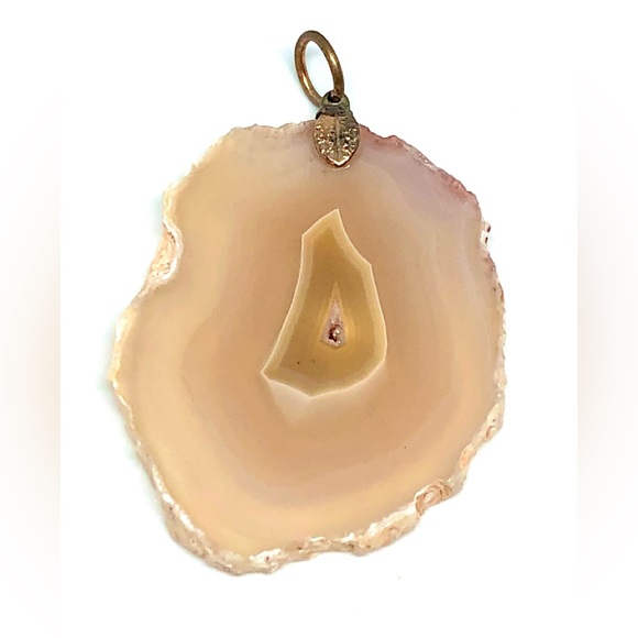 Light Orange Beige Agate Slice Natural Stone Pendant with Crystal Inclusions - Picture 1 of 5